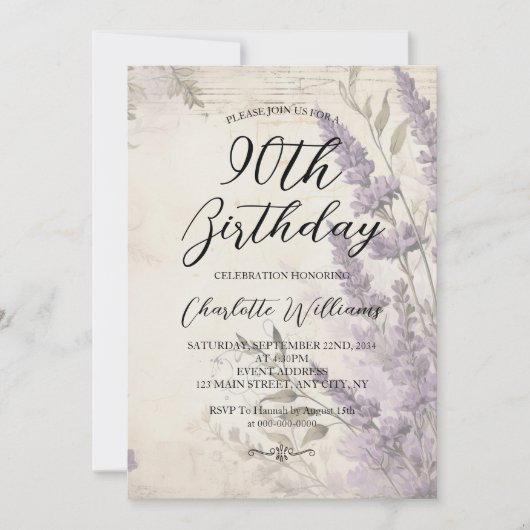 Lavendel Bloemen Vrouwen 90ste Verjaardag Kaart (Voorkant)