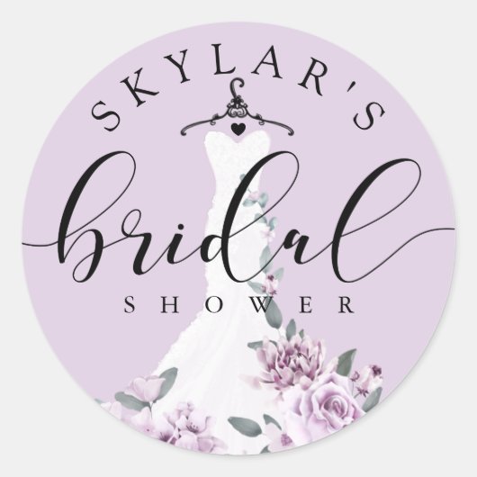 Lavendel Bloemen Witte Trouwjurk Bruidsbeurt Ronde Sticker (Voorkant)