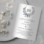 Lavendel bloemen zilver 25e trouwdag kaart<br><div class="desc">Een faux zilver uitziende achtergrond. Een bloemenkrans gemaakt van lavendelbloemen en waterkleurig eucalyptusgroen. Personaliseer en voeg uw namen,  details toe. Zwarte tekst.</div>