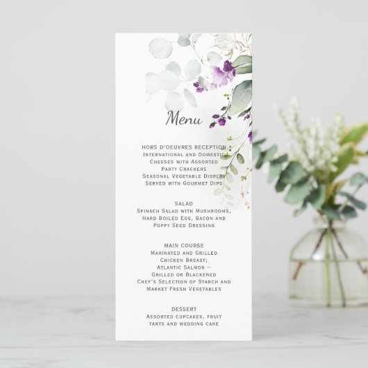 Lavendel bloemenbruiloft menu Paarse rug (Staand voorkant)