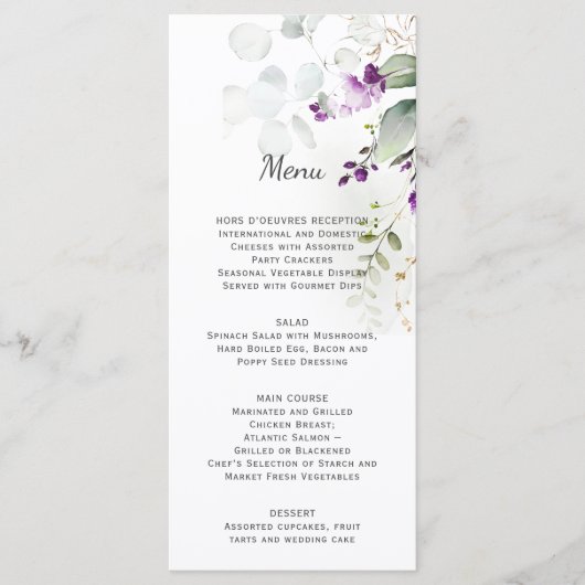 Lavendel bloemenbruiloft menu Paarse rug (Voorkant)