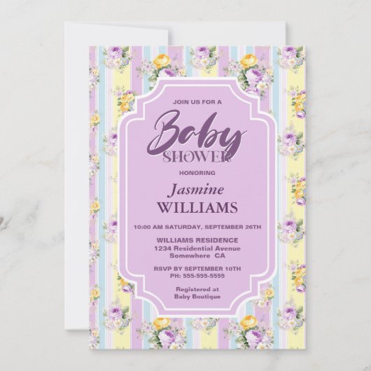 Lavendel bloemengestreept Baby shower Kaart (Voorkant)