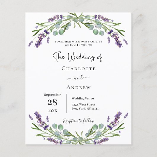 Lavendel bloemengroen budget bruiloft uitnodiging (Voorkant)