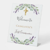 Lavendel bloemengroen Eerste communie welkom Reclamebord Met Voetstuk (Voorkant)