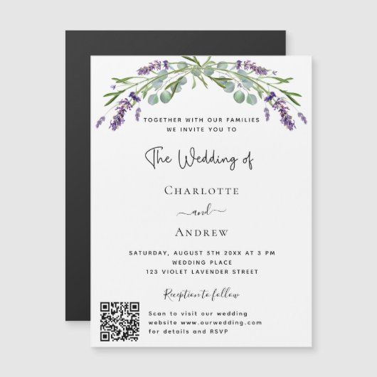 Lavendel bloemengroen QR details RSVP bruiloft Magnetische Uitnodiging (Voorkant / Achterkant)