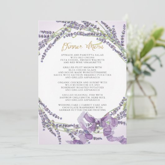 Lavendel Bloemenkrans Frans Gouden Eetmenu Kaart (Staand voorkant)