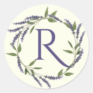 Lavendel bloemenkrans monogram ronde sticker