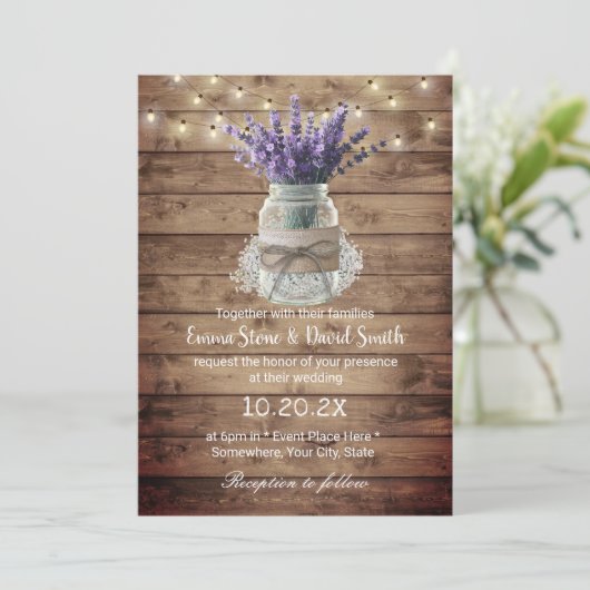 Lavendel bloemenpot string lampjes rustieke bruilo kaart (Staand voorkant)
