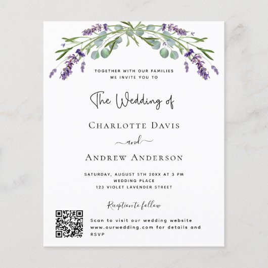 Lavendel bloemenQR RSVP budget bruiloft uitnodigin (Voorkant)