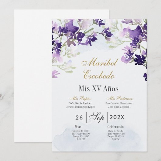 Lavendel bloemenquinceanera uitnodiging (Voorkant / Achterkant)