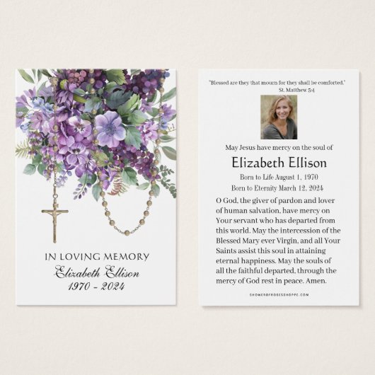 Lavendel bloemenrozenkrans begrafenis gebed visitekaartje (Voorkant /achterkant)