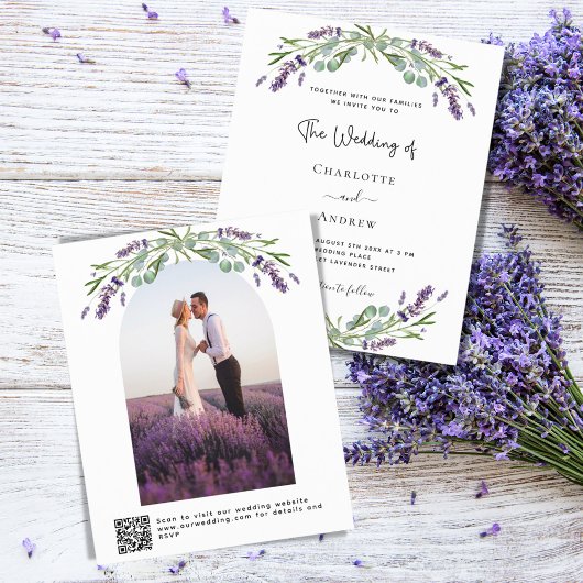 Lavendel bloemetjes boogfoto QR RSVP budget bruilo