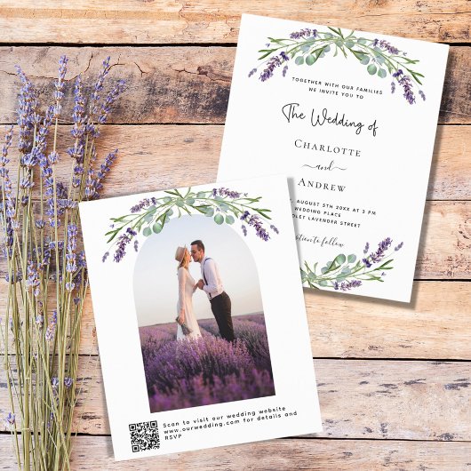 Lavendel bloemetjes boogfoto QR RSVP budget bruilo