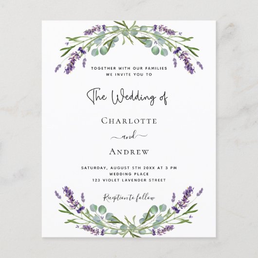 Lavendel bloemetjes boogfoto QR RSVP budget bruilo (Voorkant)