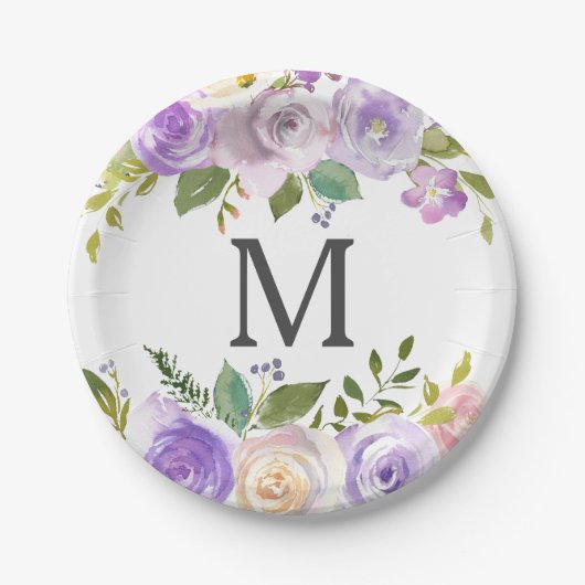 Lavendel Bloemig Monogram Bruiloft Bruidsshower Pa Papieren Bordje (Voorkant)