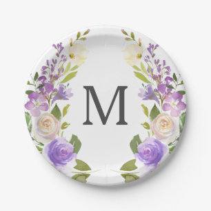 Lavendel Bloemig Monogram Bruiloft Diner Papieren Bordje