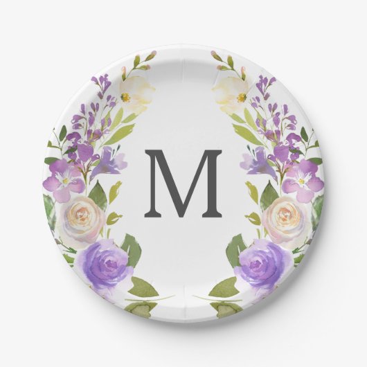 Lavendel Bloemig Monogram Bruiloft Diner Papieren Bordje (Voorkant)