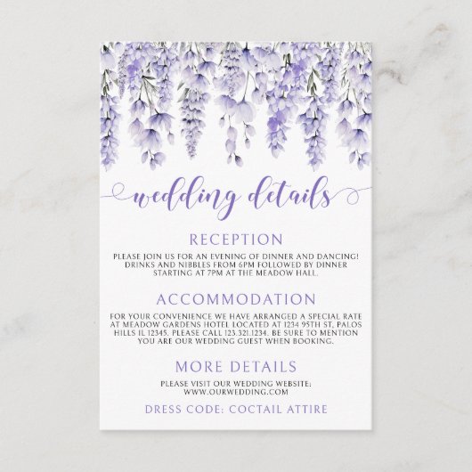 Lavendel bloemige elegante bruiloft details informatiekaartje (Voorkant)