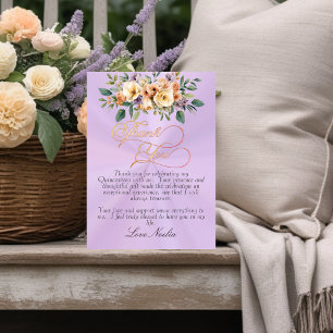 Lavendel - Bloemige & Gouden Tiara Quinceanera Bedankkaart