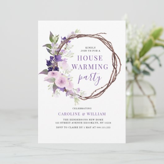 Lavendel bloemige housewarming uitnodiging (Staand voorkant)