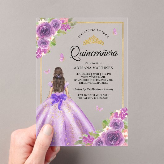 Lavendel Bloemige Jurk Vlinder Goud Quinceanera Acryl Uitnodigingen (Insitu (Draagbaar))