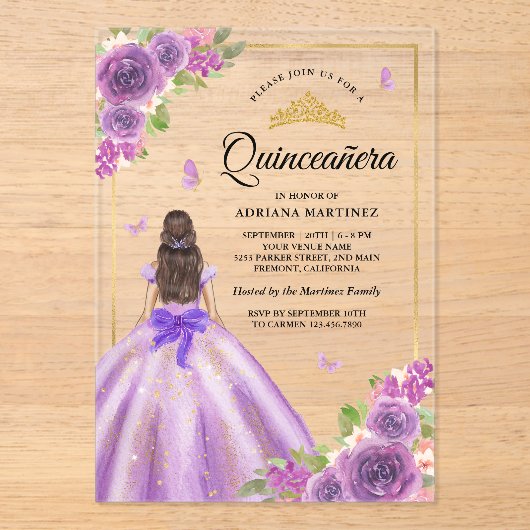 Lavendel Bloemige Jurk Vlinder Goud Quinceanera Acryl Uitnodigingen (Voorkant)