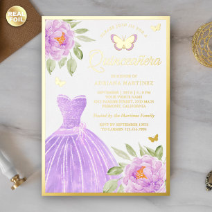 Lavendel Bloemige Jurk Vlinder Quinceanera Goud Folie Uitnodiging