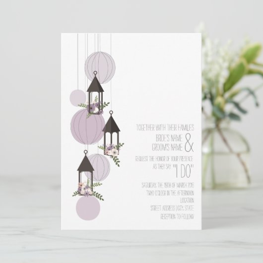 Lavendel Bloemige Lantaarn Huwelijk Kaart (Staand voorkant)