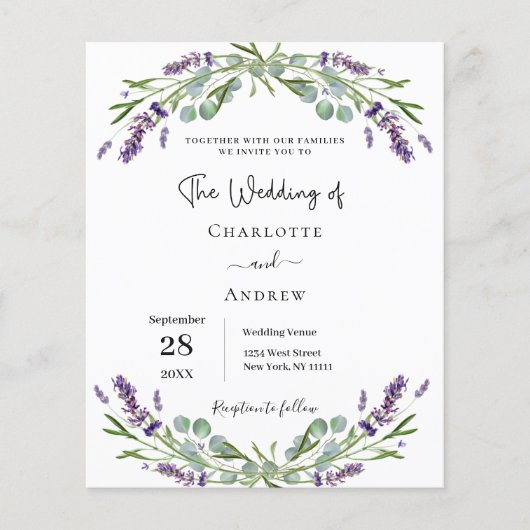 Lavendel bloemige QR RSVP budget trouwkaart (Voorkant)