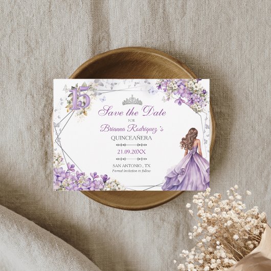 Lavendel Bloemige Quinceañera Bewaar de Datum Kaar