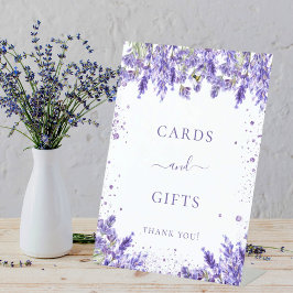 Lavendel bloemkaarten cadeau teken reclamebord met voetstuk