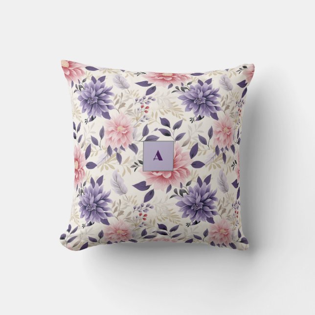Lavendel bloemmotief monogram kussen (Voorkant)