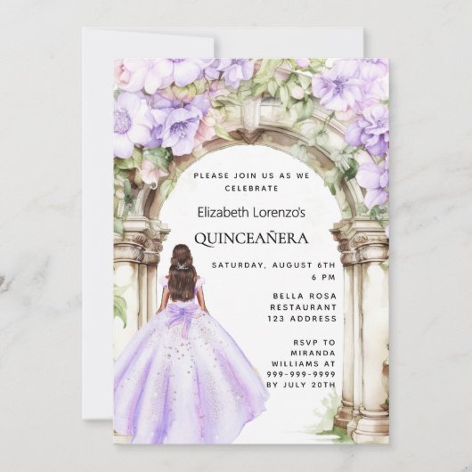 Lavendel bloemrijke boog jurk Quinceanera Kaart (Voorkant)