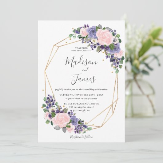 Lavendel Blush Bloemen Bruiloft Geometrisch Goud L Kaart (Staand voorkant)