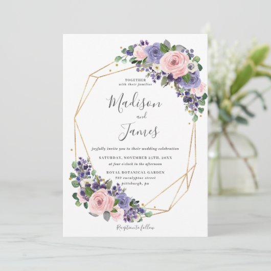 Lavendel Blush Bloemen Bruiloft Geometrisch Goud L Kaart (Staand voorkant)