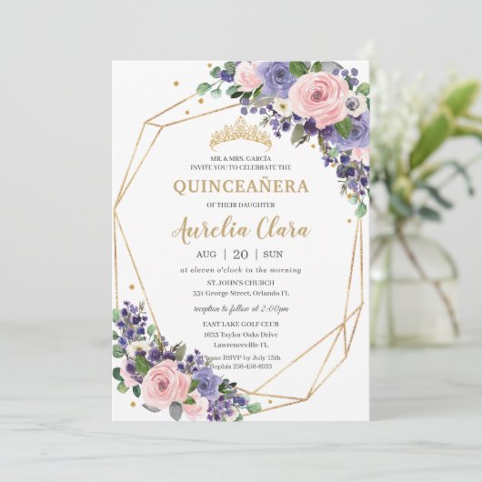 Lavendel Blush Bloemen Geometrische 16e Quinceañer Kaart (Staand voorkant)