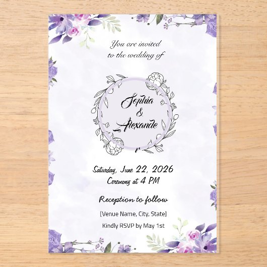 Lavendel & Blush Bloemen Huwelijksuitnodiging Acryl Uitnodigingen (Voorkant)