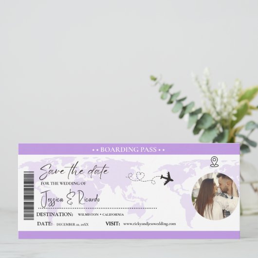 Lavendel Boarding pass Ticket Bruiloft Save The Date (Staand voorkant)