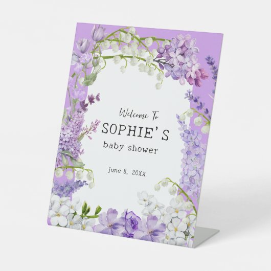 Lavendel Boho Baby in Bloom Baby shower Reclamebord Met Voetstuk (Voorkant)