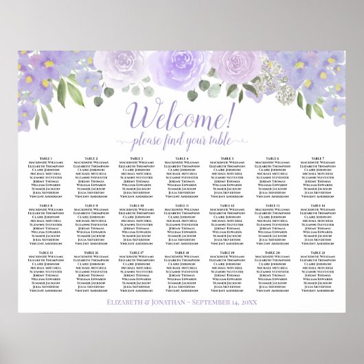 Lavendel Boho Rozen 21 Tafel Trouw Zittijd Chart Poster (Voorkant)