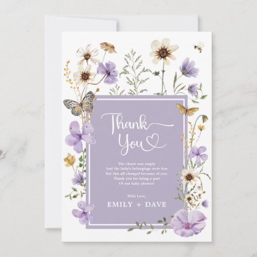 Lavendel Boho Wildflower Butterfly Baby in Bloei Bedankkaart (Voorkant)