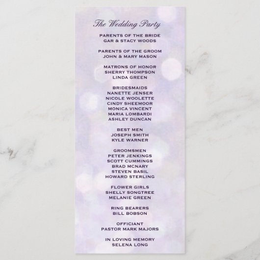 Lavendel Bokeh hoogtepunten bruiloft programma Programmakaart (Achterkant)