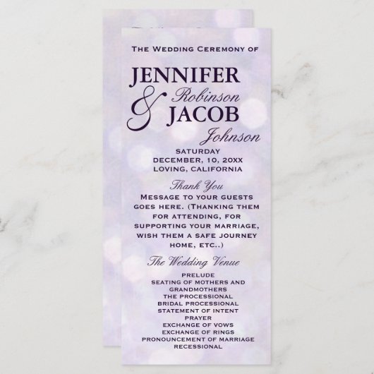 Lavendel Bokeh hoogtepunten bruiloft programma Programmakaart (Voorkant / Achterkant)