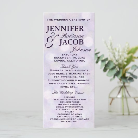 Lavendel Bokeh hoogtepunten bruiloft programma Programmakaart (Staand voorkant)