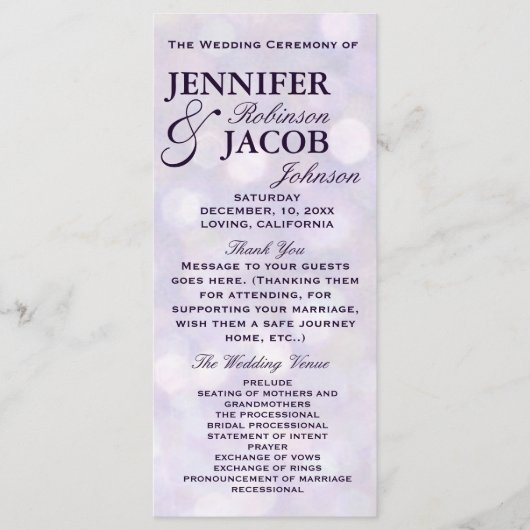 Lavendel Bokeh hoogtepunten bruiloft programma Programmakaart (Voorkant)