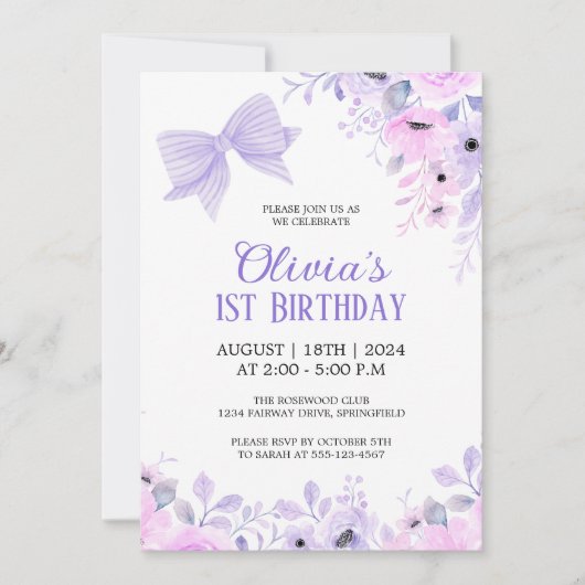 Lavendel Boog en Bloemen Waterverf 1e Verjaardag Kaart (Voorkant)