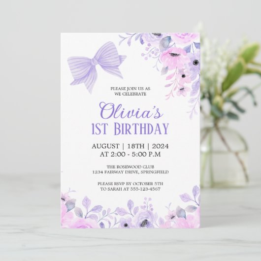 Lavendel Boog en Bloemen Waterverf 1e Verjaardag Kaart (Staand voorkant)