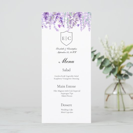 Lavendel Botanisch Monogram Bruiloft Menu (Staand voorkant)