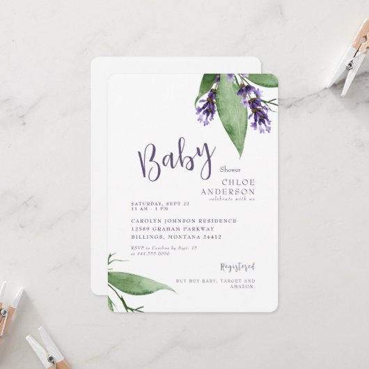 Lavendel Botanische Baby Meisje Douche Kaart (Voorkant / Achterkant in situ)