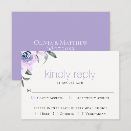Lavendel Botanische bruiloft RSVP Maaltijdkeuze Ka (Voorkant / Achterkant)